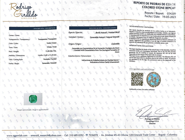 Large 13.46 Carat Minor Oil 14.5x14 Dark Green Natural Loose Colombian- Asscher Cut