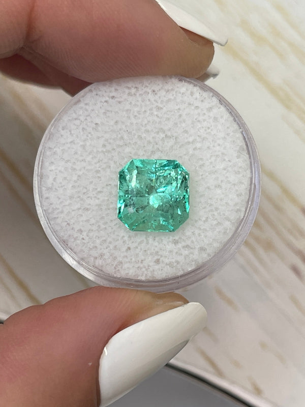 3.87 Carat 9x9 Glowy Light Green Loose Colombian Emerald-Asscher Cut with Clipped Corners