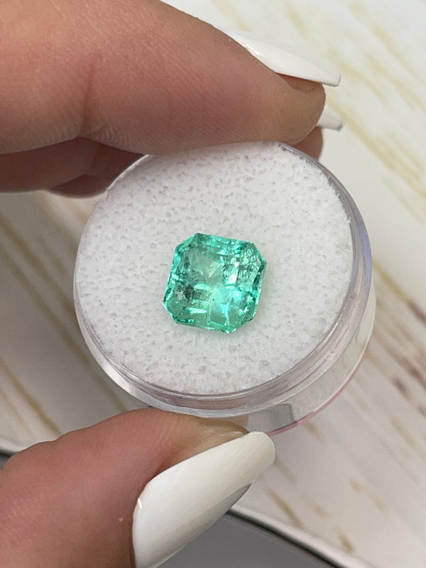 3.87 Carat 9x9 Glowy Light Green Loose Colombian Emerald-Asscher Cut with Clipped Corners