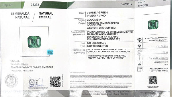 1.66 Carat RARE Certified Butterly Effect/Drop of Oil Muzo Green Natural Loose Colombian Emerald