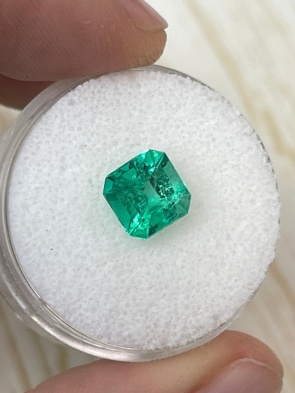 1.64 Carat 7.4x7.3 Yellowish Green Asscher Cut Natural Unset Colombian Emerald