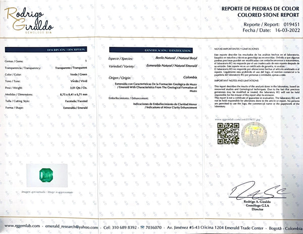 3.01 Carat Minor Oil 8.8x8.4 Vivid Muzo Colombian Emerald-Asscher Cut with Clipped Corners