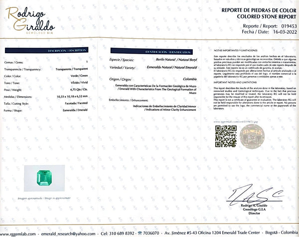 4.75 Carat Minor Oil 10x10 Deep Bluish Green Natural Loose Colombian Emerald-Asscher Cut